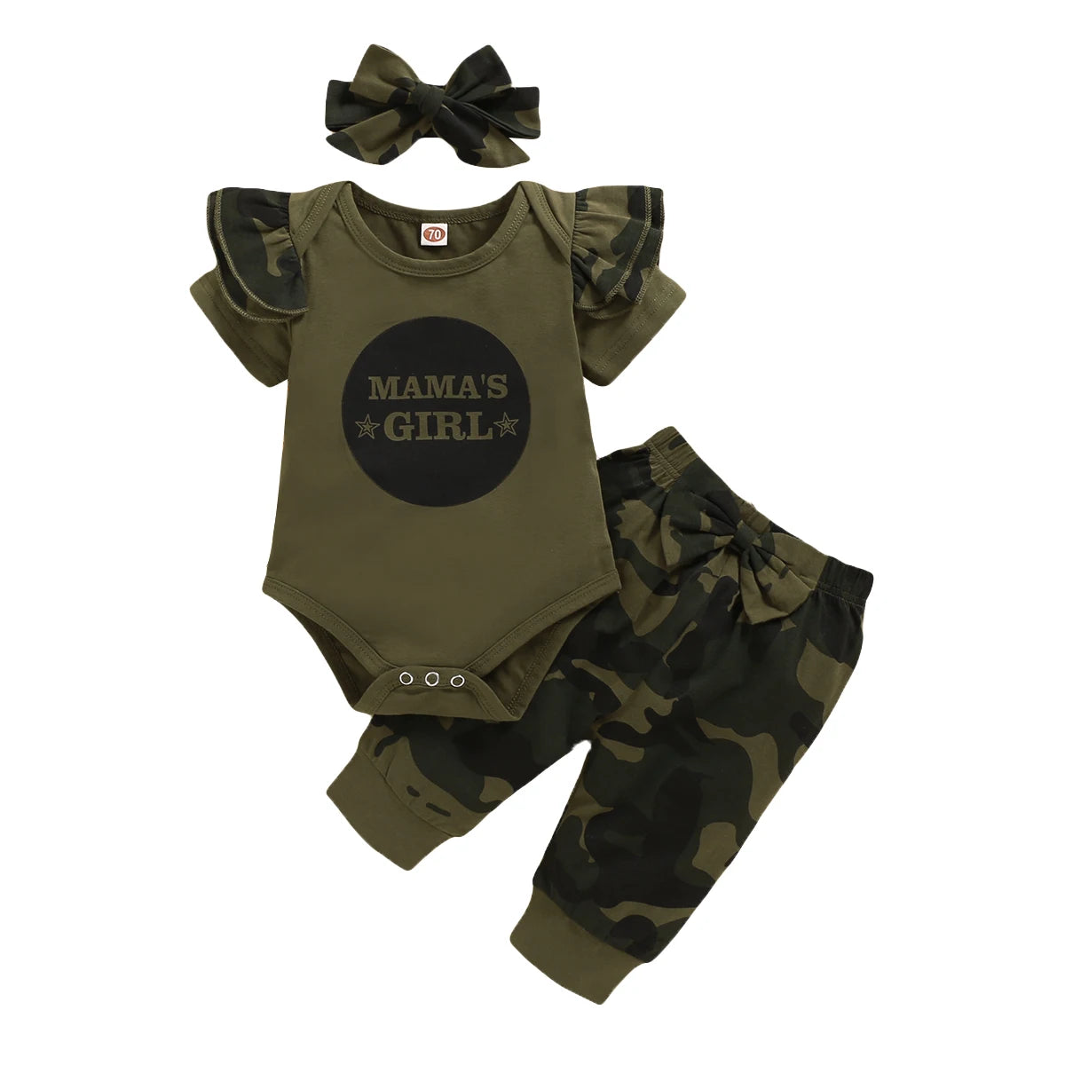 Infant Baby Girl Clothes Set Cotton Solid Letters Short Sleeve Romper Camouflage Pants and Bowknot Headband 3pcs Outfit