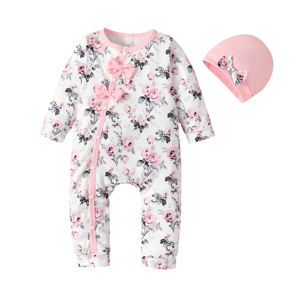 0-18 Months Newborn Baby Girl Romper Clothes Long Sleeve Flower Bodysuit Costume Lovely Baby Spring Jumpsuit Outfit with Hat