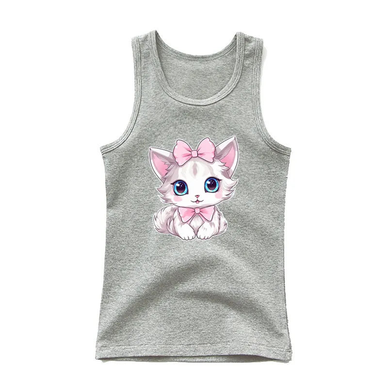 2024 Summer Girls Cute Cat Print  Vest Princess Girl Fashion Tank Top Kids Sleeveless T-shirt 3-14y