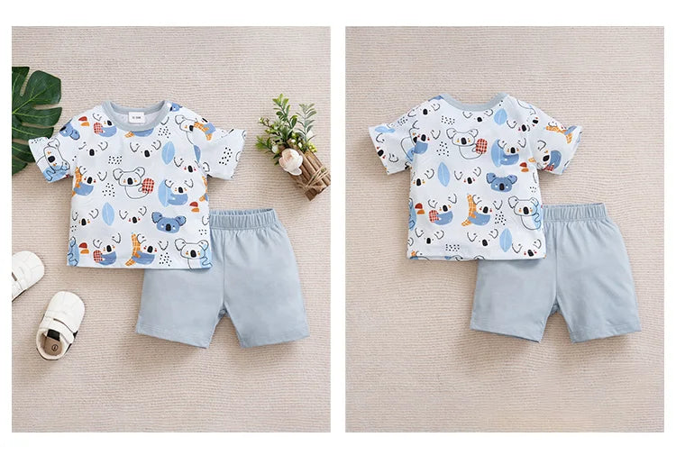 Newborn Clothing Cute Cartoon Animal Print Comfortable And Soft Boy/Girl Summer Short Sleeved Baby T-Shirt+Pants Two-Piece Set