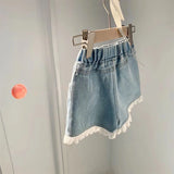 Girls' Jeans 2024 New Fashion Korean Edition Denim Shorts Children's Lace Lace Casual Pants Solid Color Loose Pants