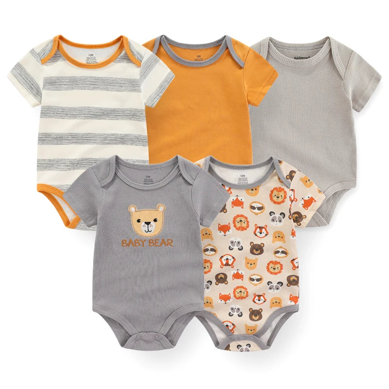 Unisex 5Pieces Newborn Bodysuits Cotton Baby Girl Clothes Set Summer Print Baby Boy Clothes Cartoon Sleeveless Solid Color Bebes