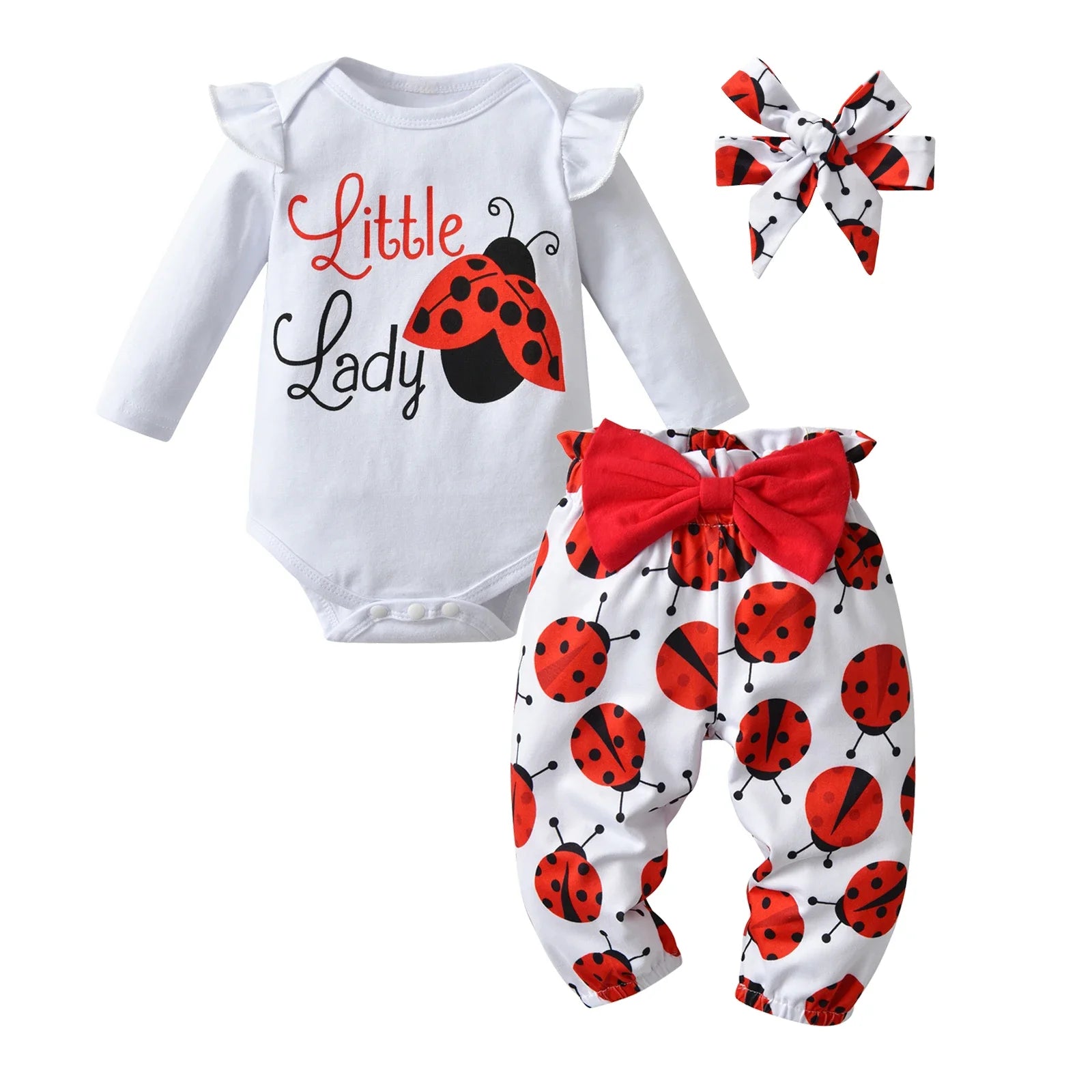 Cute insect Pattern Newborn Girls Baby Clothes Set Cotton Romper Bodysuit Top and Infant Pants Bow Headband Long Sleeve Outfit