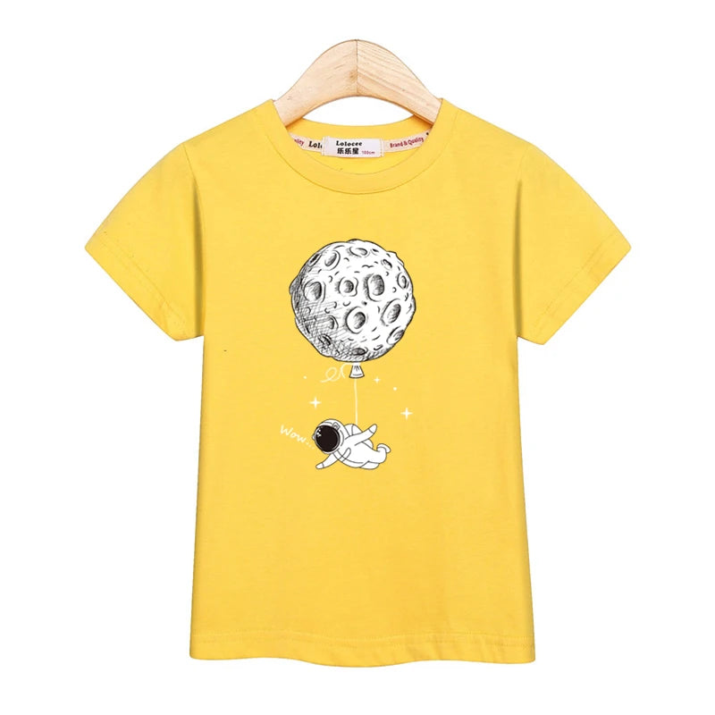 Astronaut New Cartoon T-shirt Boys Summer Shirt Children Short Sleeved Tops Spaceman Clothes 3-14T