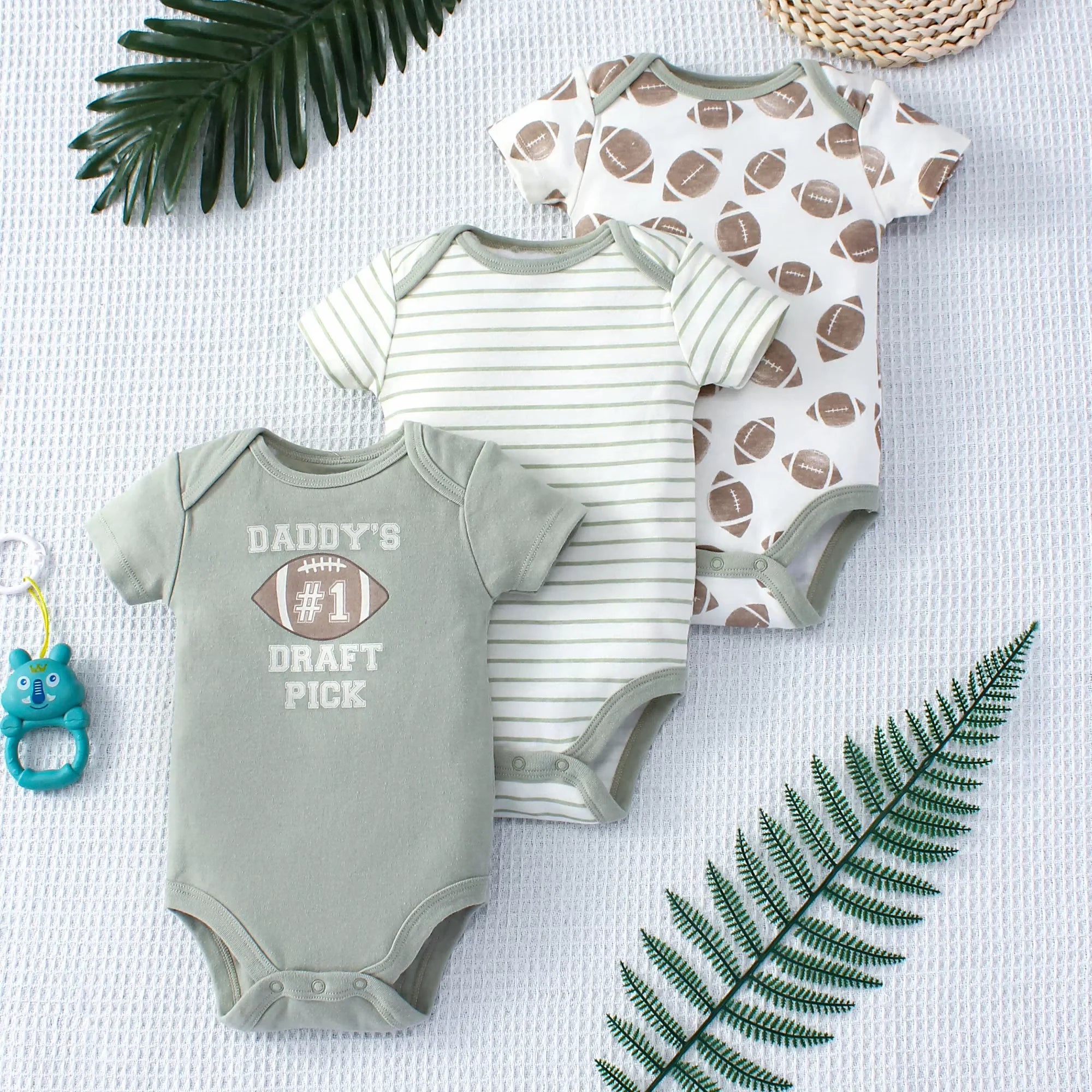 3PCS Summer Baby Bodysuit Three piece Set with Cartoon Dinosaur Pattern and Stripe Pattern Button Design for 0-9 Months Old Boys