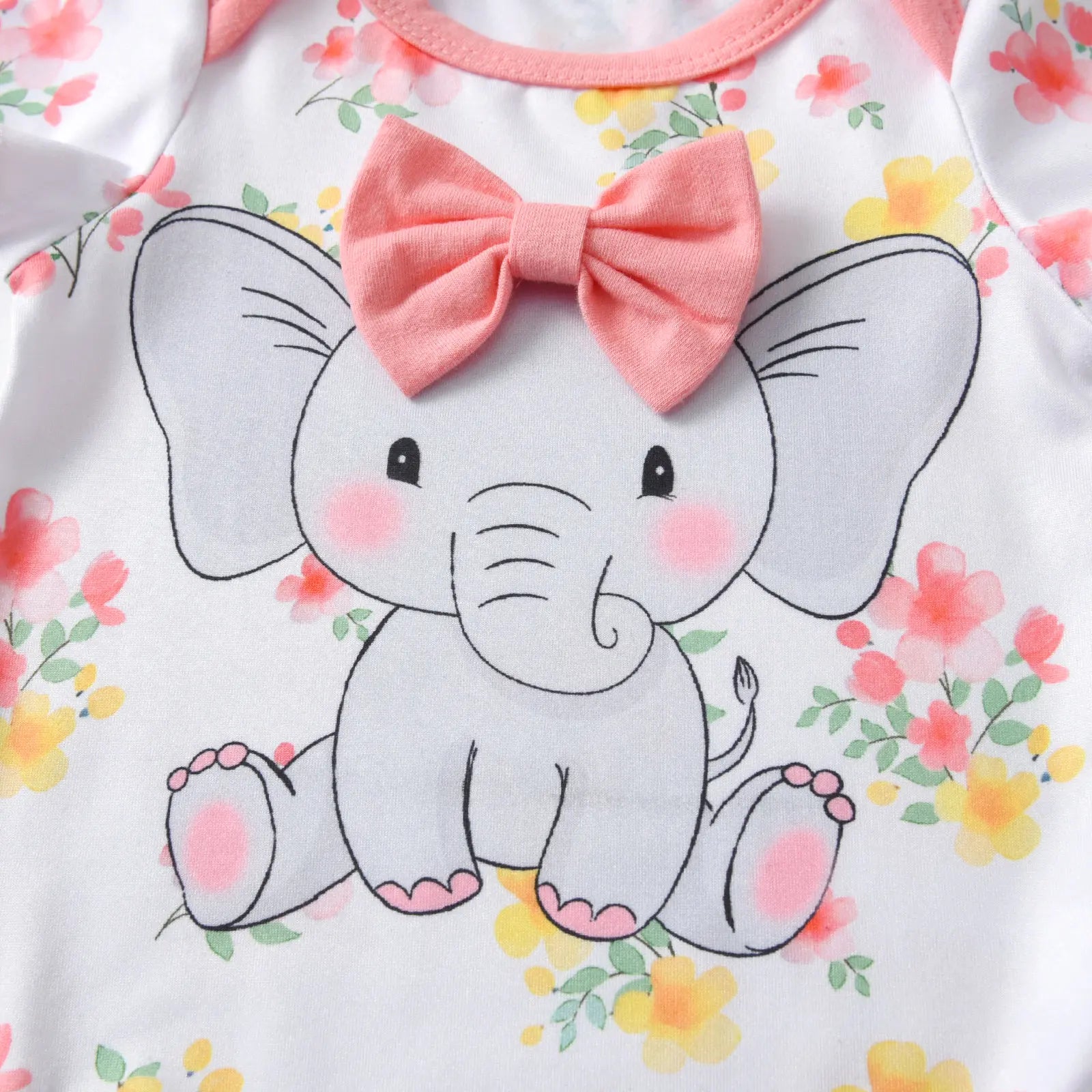 Summer Newborn Baby Girl Cute Clothes Set Elephant Printed Short Sleeve Romper Top with Bow and Long Pants with Hat 3PCS Outfit