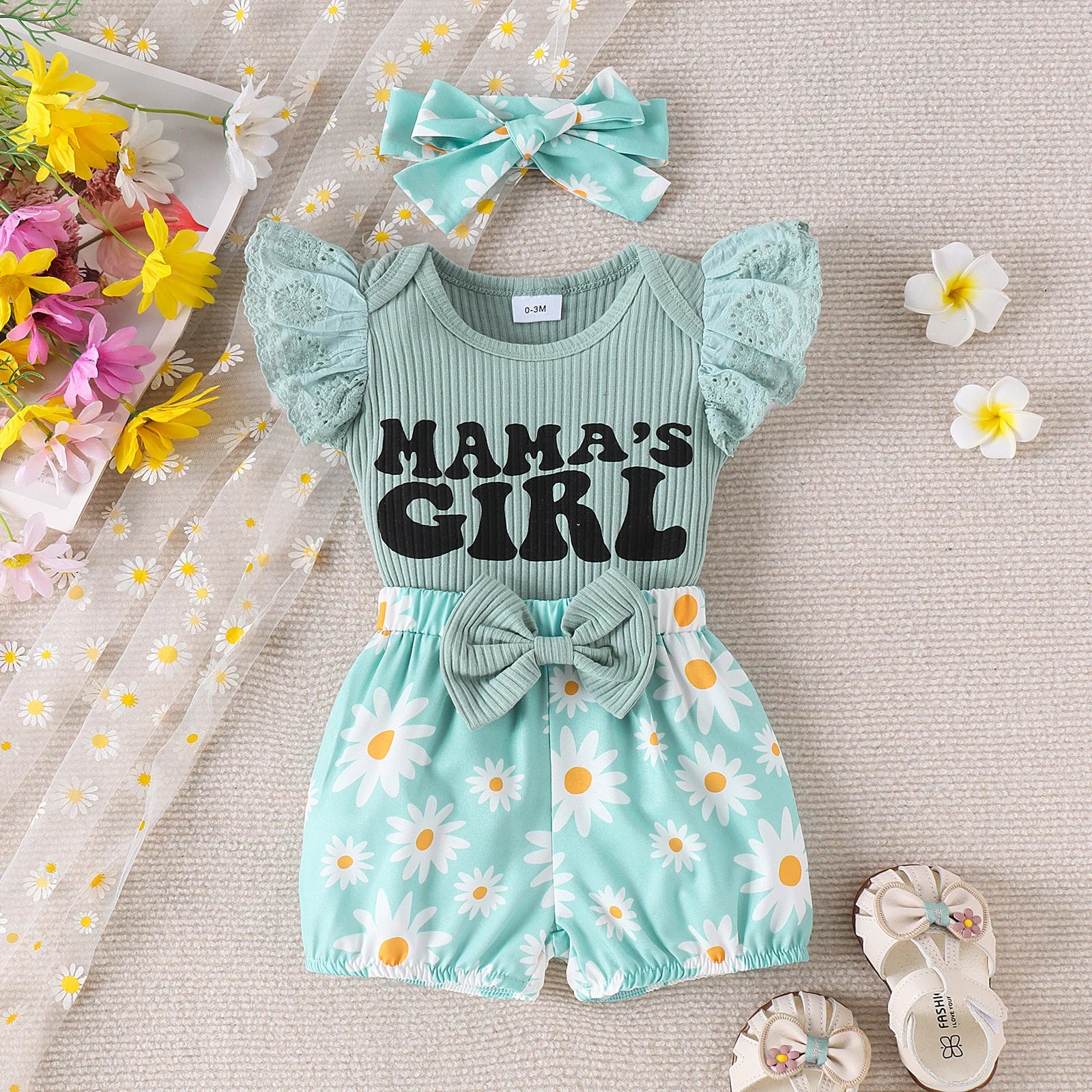 3PCS Summer 0-1 Year Old Girl Baby Sweet Fashionable Cute Letter Pit Strip Flying Sleeve Top + Printed Shorts Set