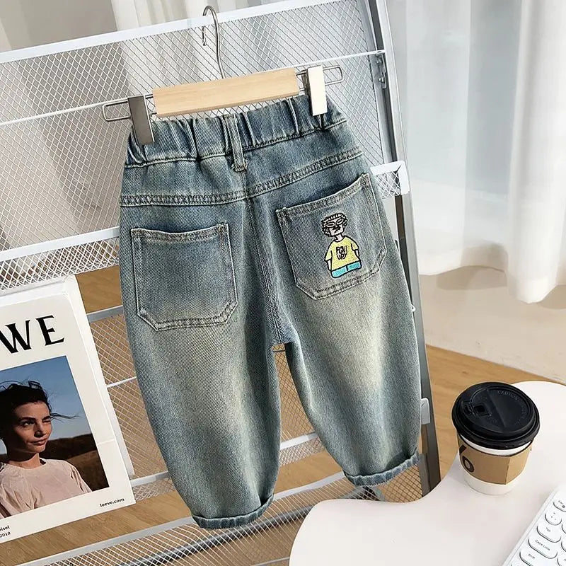 2-9Yrs Baby Children's Wear Boys Jeans Spring Autumn Kid Boy Embroidery Trousers 2024 New Wear Casual Boys Handsome Loose Pants