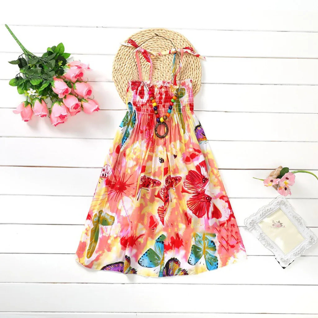 2024 Summer Dress Infant Kids Girls Baby Clothes Vestidos Floral Bohemian Beach Straps Dress  детская одежда Ropa Para NiñAs