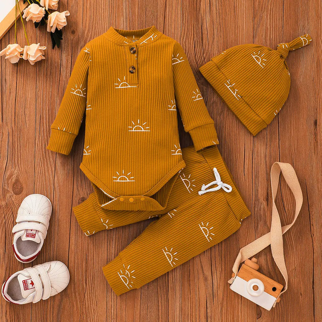 3PCS Baby Boy Clothes Set Spring Autumn Knitted V-neck Romper+infant Pants+Cap Newborn Outfit