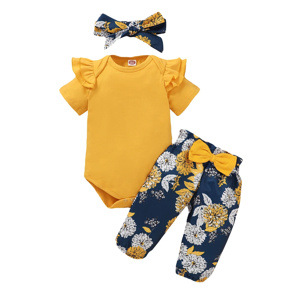 Newborn Baby Girls Clothing Set Infants Girl Short Sleeve Bodysuit+Floral Pants with Bow+Headband 3PCS Outfits for 0-18 Months