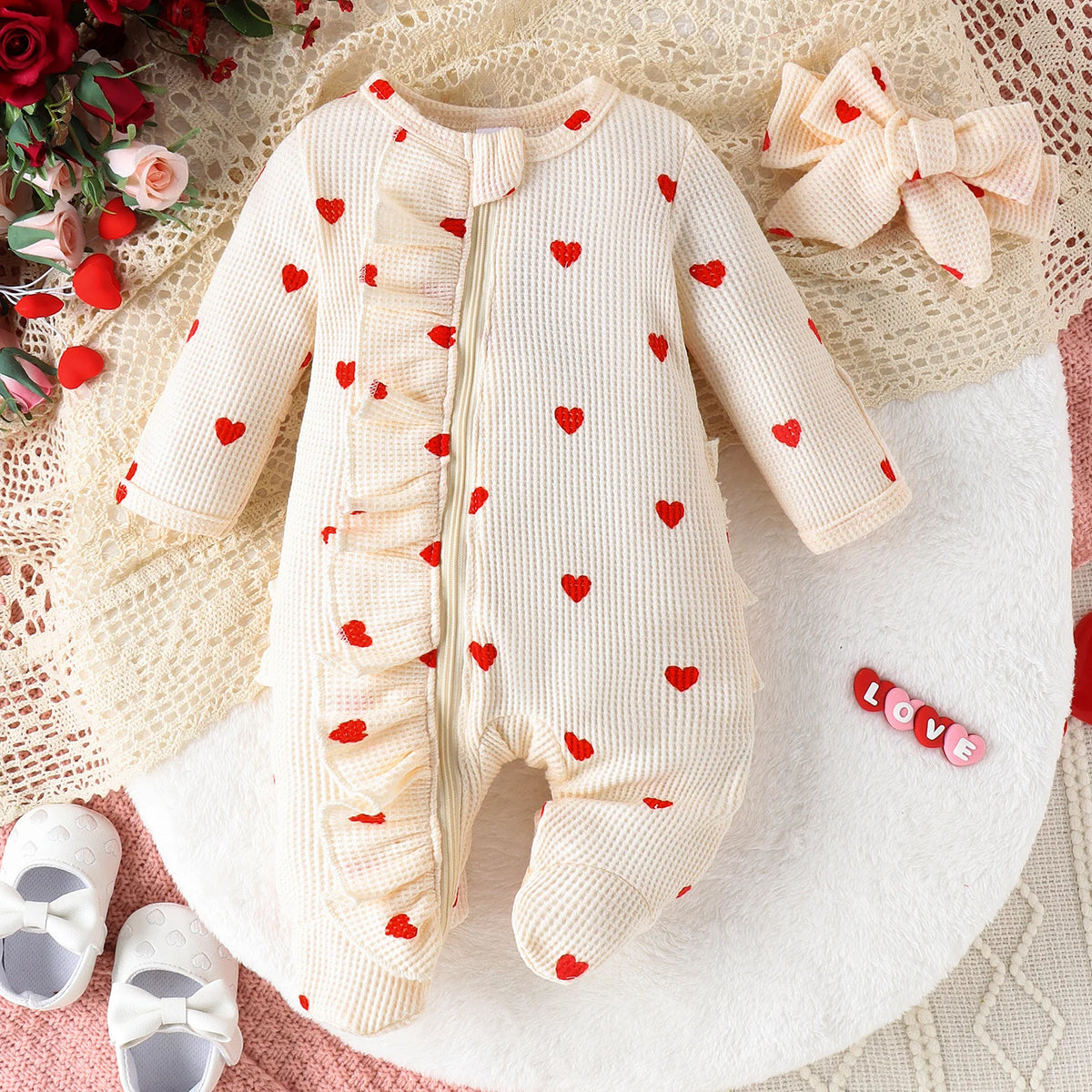 2PCS Autumn From 0 To June Newborn Baby Comfortable Cute Round-Neck Waffle Check Heart Zipper Long-Sleeved Footsuit