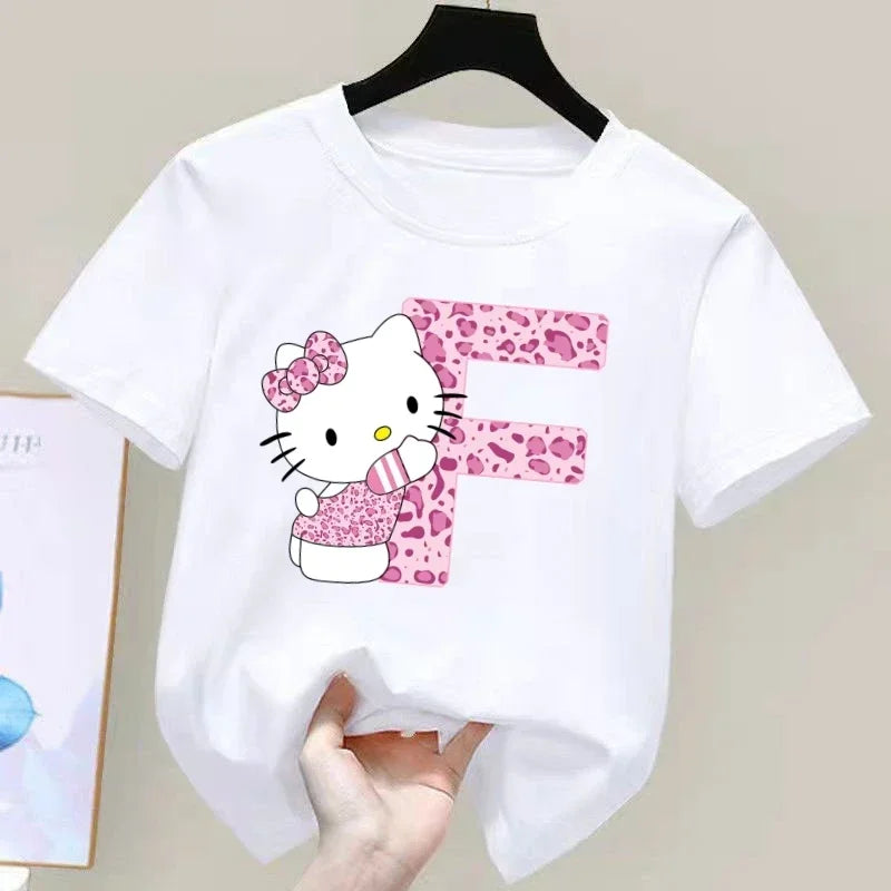 Hello Kitty Letter A-Z Children's Cotton Short-sleeved Top Sanrio Summer T-shirt Girly Heart Soft Clothes Kawaii Birthday Gift