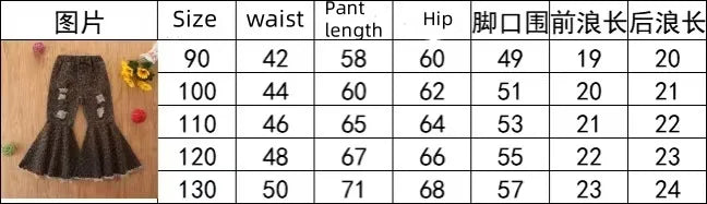 Children's Summer New Girls' Ripped Denim Flared Pants With Elastic Waistband And Leopard Print Casual Pants for Girls