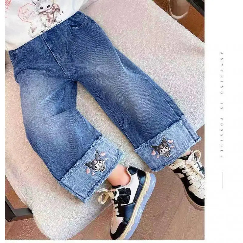 Cartoon Kuromi Girls Wide Leg Jeans Spring  Autumn Cute Elastic waist Versatile Straight Tube kids Childrens Wear Spring Pants