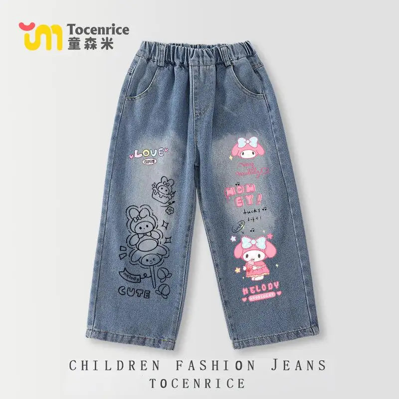 Cinnamoroll Kawaii Girl Jeans Pants Kuromi Hello Kitty Kids Anime Sanrios Cartoon Fashion Straight Elastic Waist Casual Jeans