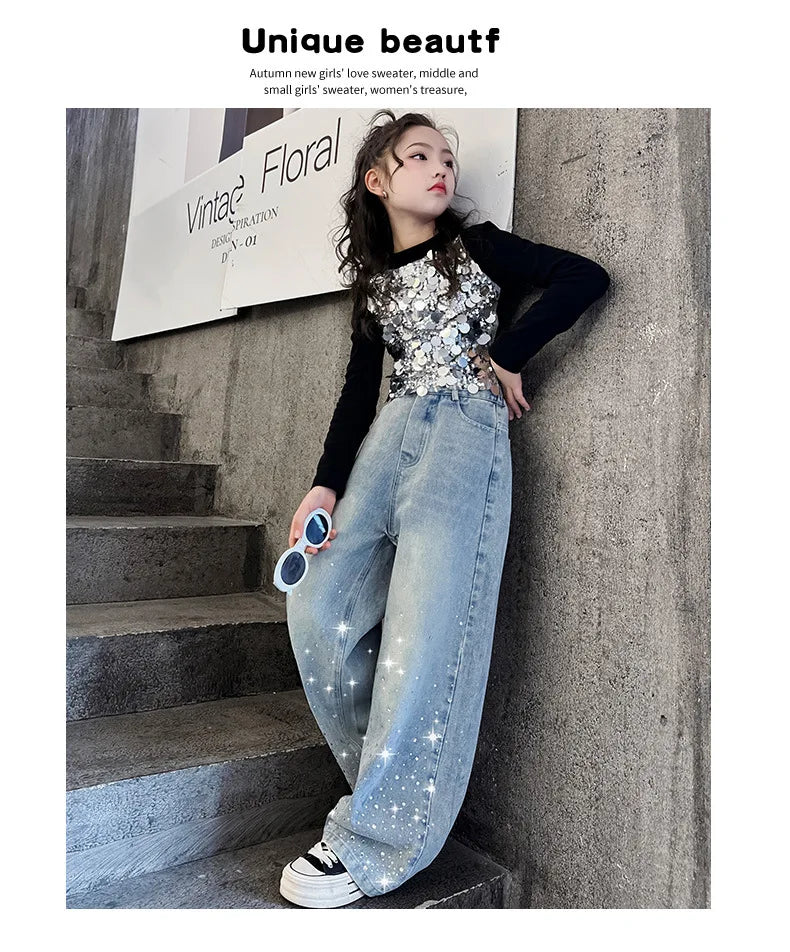 2024 New Kids Girls Wide-Leg Jeans Fashion Rhinestone Sequin Elastic Waistband Pants Denim Trousers Casual Children Bottoms