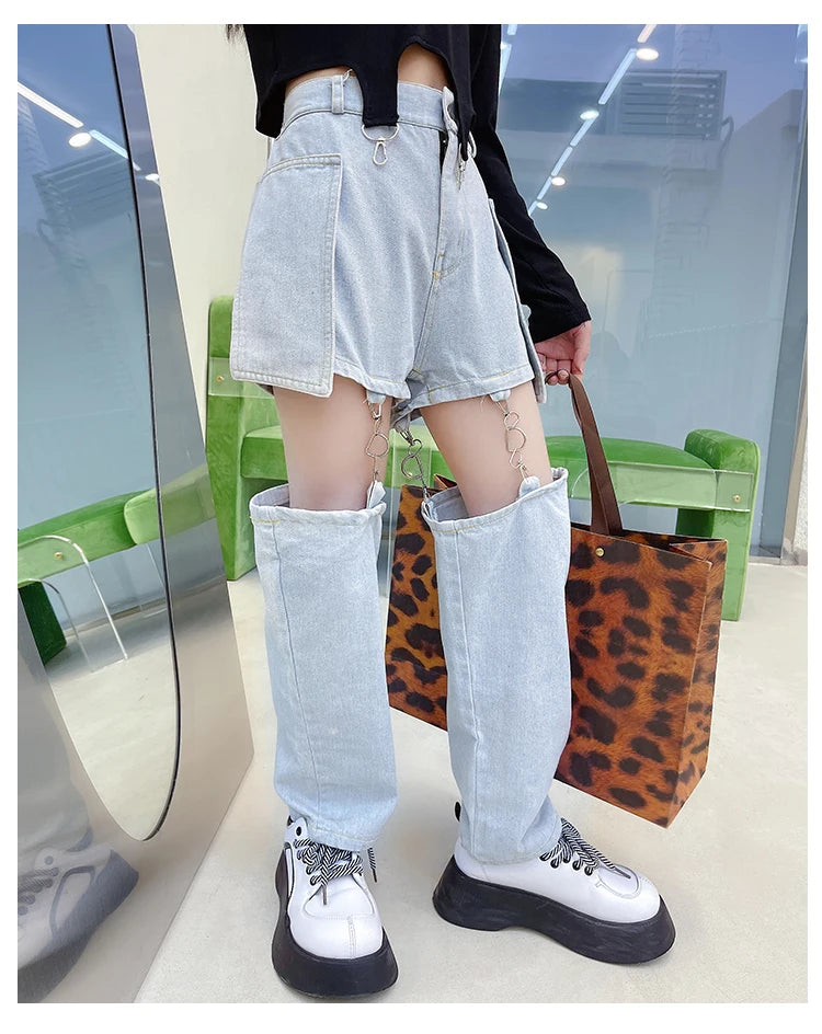 Fashionable Children's Jeans Teens Girls Pants Hip Hop Hooks Split Jeans Shorts Spring Summer Kids Trousers Trend Wide-Leg Jeans