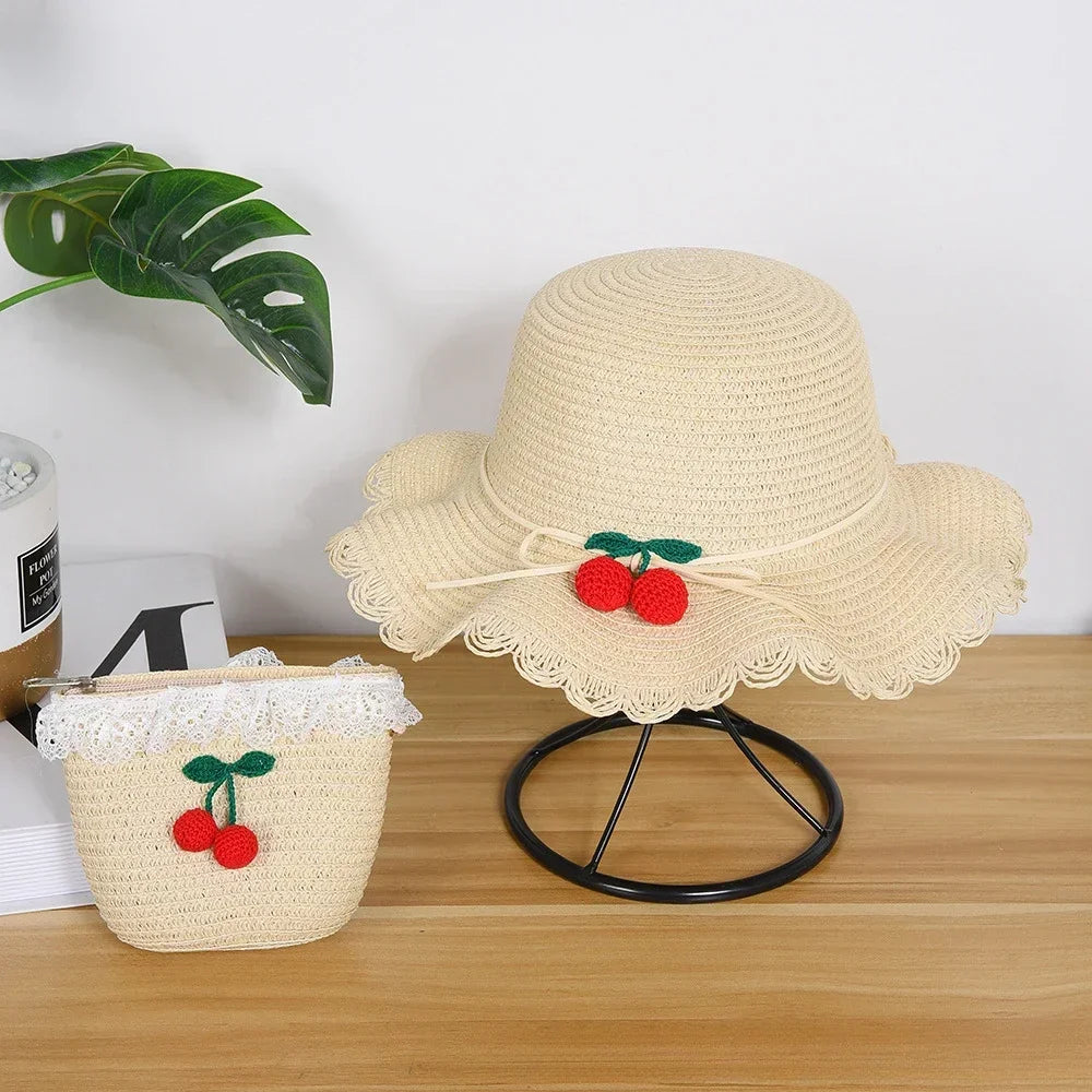 Kids Hat For Girls 2-7Y Straw Children's Sunshade Cap Bag Summer Baby Travel Sunscreen Beach Hat Sun Fisherman Cap Fashion Style