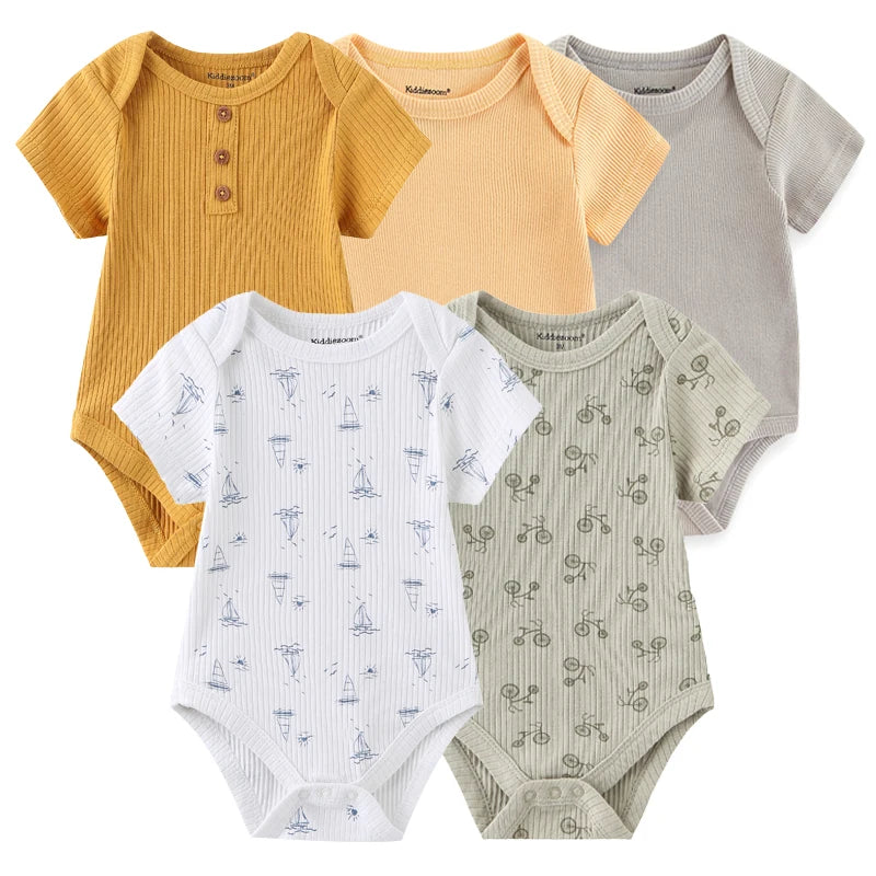 Unisex 5Pieces Newborn Bodysuits Cotton Baby Girl Clothes Set Summer Print Baby Boy Clothes Cartoon Sleeveless Solid Color Bebes