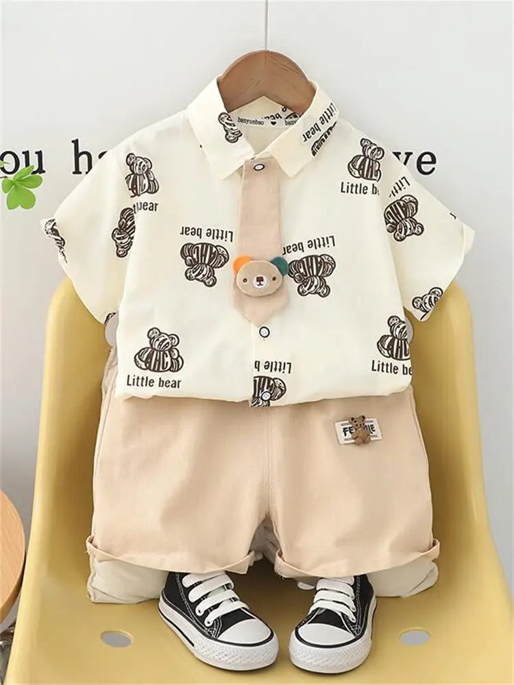 Children Clothes Spring Cartoon Kids Boy Short Sleeve Full Printe Bear Shirts Pants 2Pcs/Set Tie Kid Fashion Toddler Tracksuits