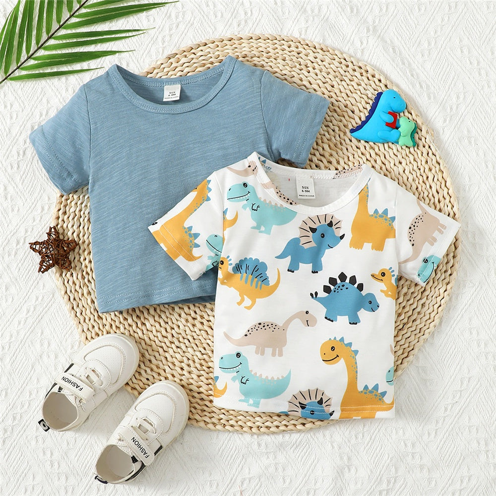 2PCS/bundle Summer Fashion Top Newborn Baby Boy Cute Dinosaur Short Sleeve Casual T-shirt Clothing for Toddler Boy 1-3Years