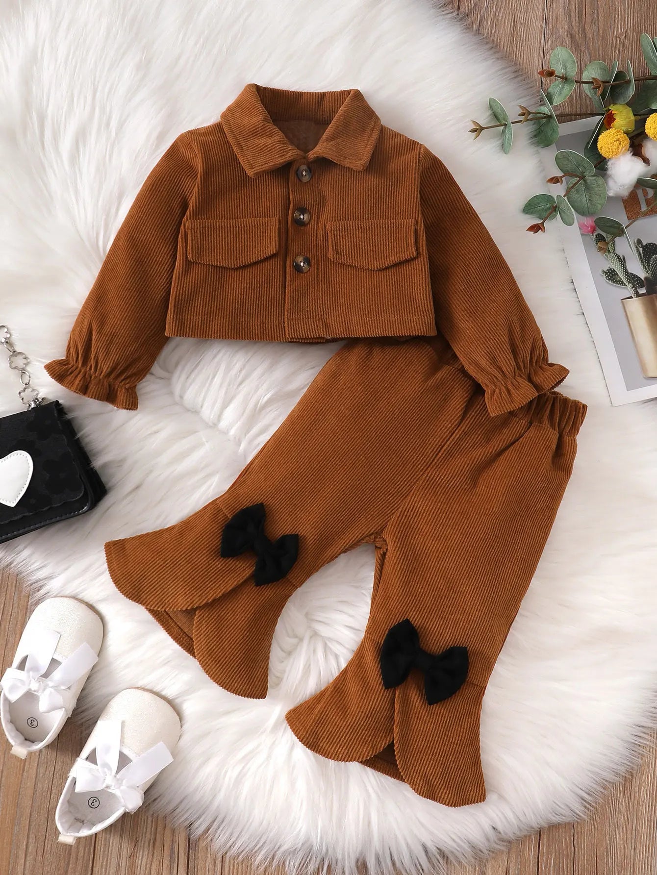 0-2-year-old newborn baby girls autumn and winter brown long-sleeved cardigan lapel jacket bow pants fashion suit