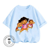 Fun Boys Girls Fashion T-shirt Dora Animated Cartoon Printed Kids T-shirt Hip Hop Boys Clothes White Short Sleeve Shirt Top