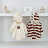 FLM Baby Romper Long Sleeved Bear Pattern + Hat Stripe Toddler Boy  Jumpsuit Baby Clothes 0-24M