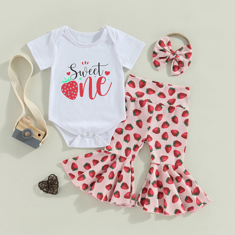 3Pcs Baby Girls Clothes Summer Suit Letter Print Short Sleeve Crew Neck Rompers Strawberry Print Flare Pants Headband Set