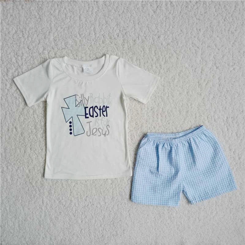 Baby Boy Boutique Clothing Shirt Silly Rabbit Easter Is For Jesus Top Plaid Shorts Children Wholesale Kid Sets Fashion Outfit