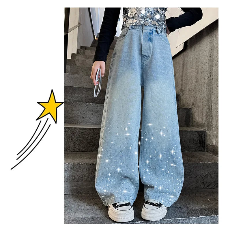 2024 New Kids Girls Wide-Leg Jeans Fashion Rhinestone Sequin Elastic Waistband Pants Denim Trousers Casual Children Bottoms