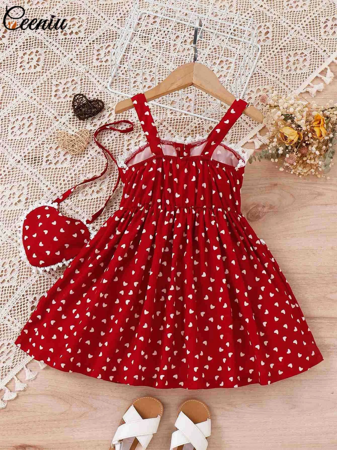 Ceeniu 2pcs Party Dresses For Girls Spaghetti Strap Pocket Heart Red Dress+Heart Bag Kids Birthday Dress Children's Clothing