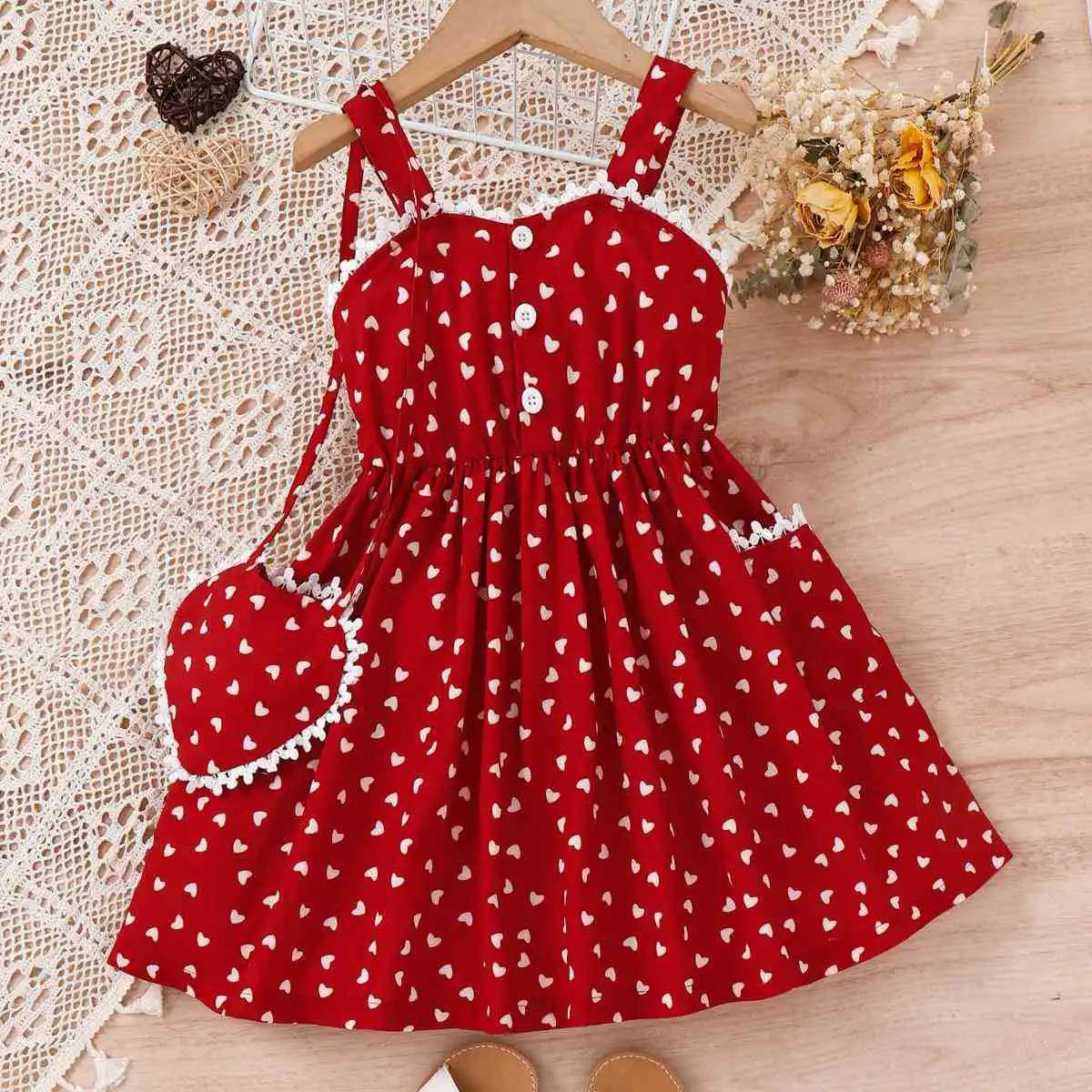 Ceeniu 2pcs Party Dresses For Girls Spaghetti Strap Pocket Heart Red Dress+Heart Bag Kids Birthday Dress Children's Clothing