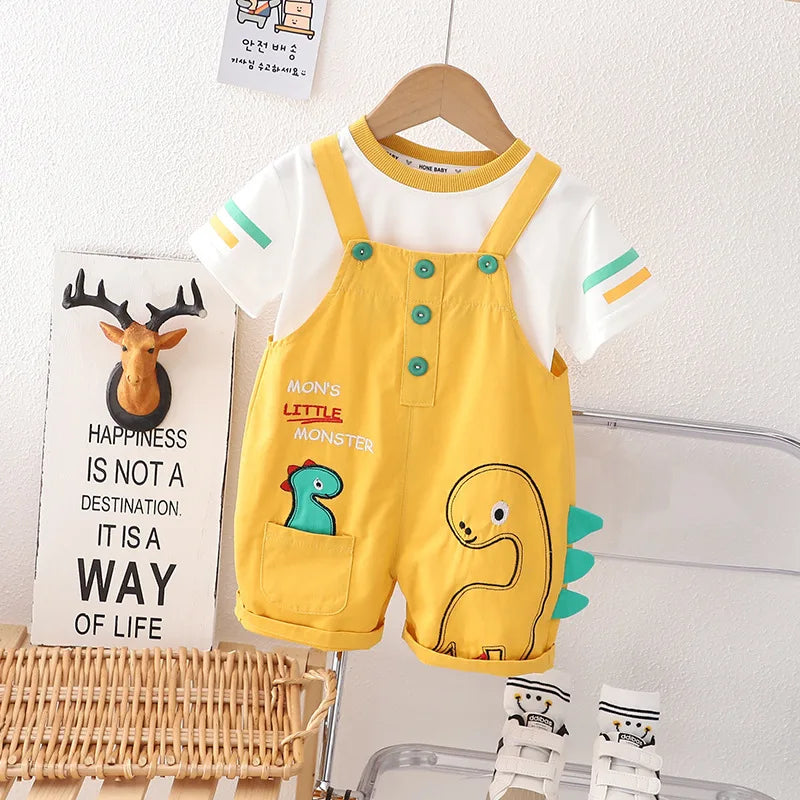 New Toddler Summer Baby Boys/Girls Clothes Children Cartoon Dinosaur T-Shirt Bib Pants 2Pcs/Set Infant Kids Fashion Tracksuits