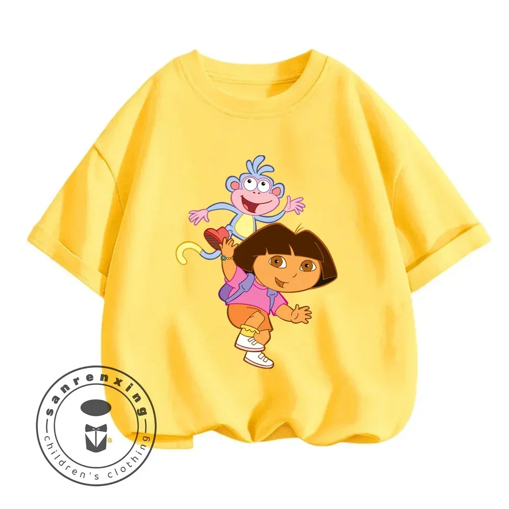 Fun Boys Girls Fashion T-shirt Dora Animated Cartoon Printed Kids T-shirt Hip Hop Boys Clothes White Short Sleeve Shirt Top