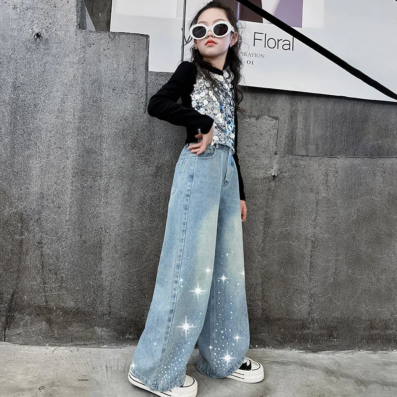 2024 New Kids Girls Wide-Leg Jeans Fashion Rhinestone Sequin Elastic Waistband Pants Denim Trousers Casual Children Bottoms