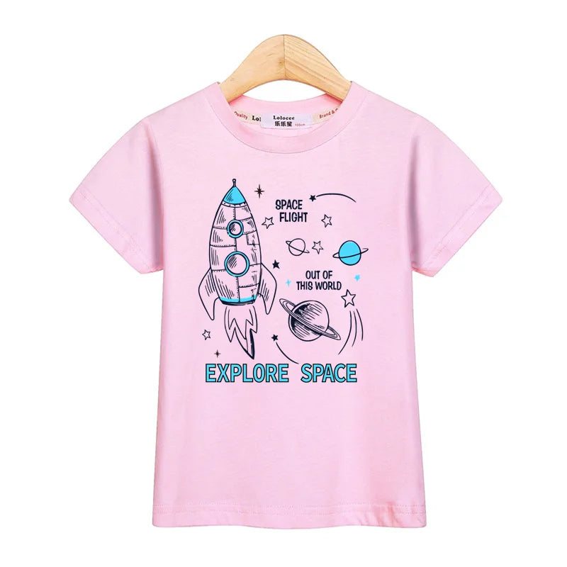 2024 New Spaceship T-shirt Baby Boys Short Sleeved Tops Children Summer Cartoon Shirt 3-14T