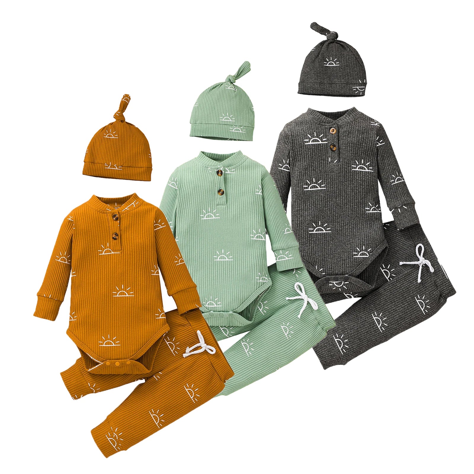 3PCS Baby Boy Clothes Set Spring Autumn Knitted V-neck Romper+infant Pants+Cap Newborn Outfit