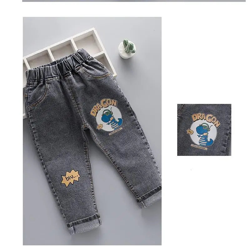 Children's fashion Spring and Autumn Jeans 2024New Boys' Korean Edition Cartoon Elastic Jeans Girls' Versatile Jeans 1-6Y