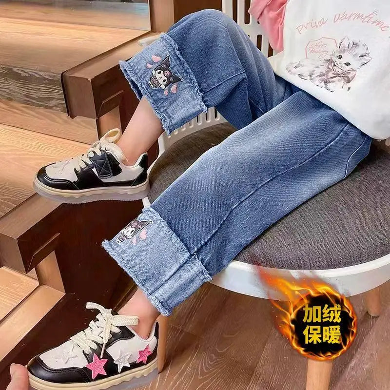 Cartoon Kuromi Girls Wide Leg Jeans Spring  Autumn Cute Elastic waist Versatile Straight Tube kids Childrens Wear Spring Pants