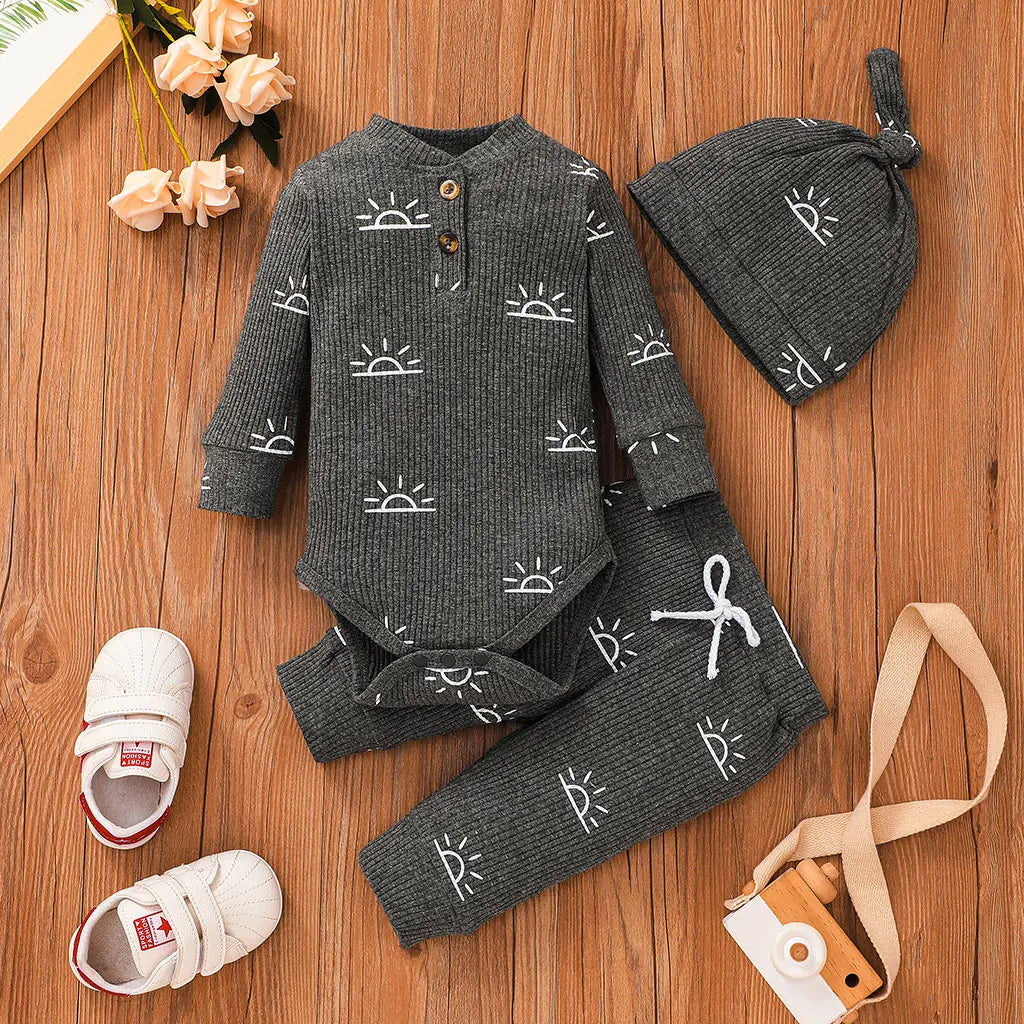 3PCS Baby Boy Clothes Set Spring Autumn Knitted V-neck Romper+infant Pants+Cap Newborn Outfit