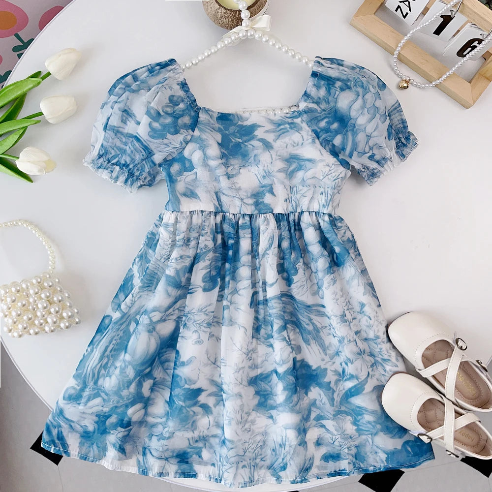 Bear Leader 2023 Summer New Girls' Fashion Ink Painting Print Speaker Short Sleeve Princess Dress Children's Casual Dress