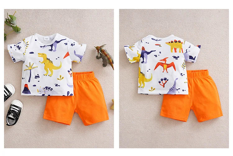 Newborn Clothing Cute Cartoon Animal Print Comfortable And Soft Boy/Girl Summer Short Sleeved Baby T-Shirt+Pants Two-Piece Set