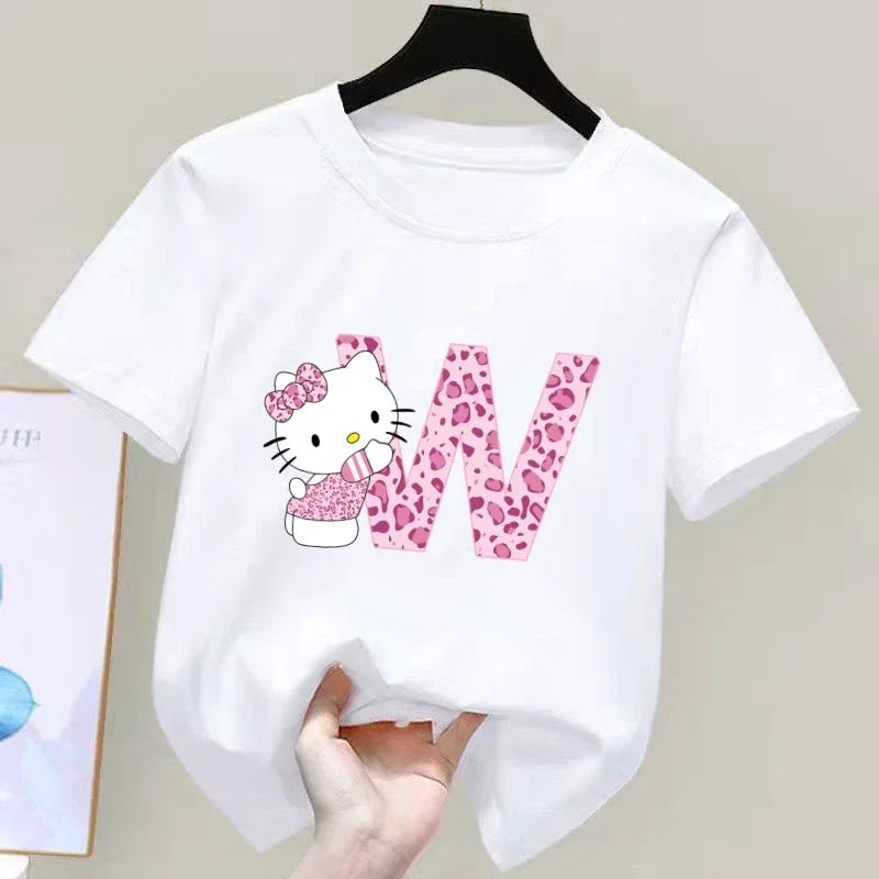 Hello Kitty Letter A-Z Children's Cotton Short-sleeved Top Sanrio Summer T-shirt Girly Heart Soft Clothes Kawaii Birthday Gift