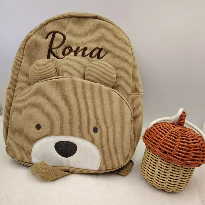 Customized Name Toddler Backpack Cartoon Bear Corduroy Large Capacity Backpack Embroidered Name Backpack Plush Bag