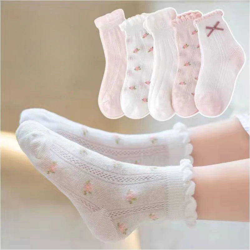 5 Pairs/Lot Kids Soft Cotton Socks Korean Love Heart Flower Print Baby Girl Socks Autumn Winter Warm Children Middle Tube Socks