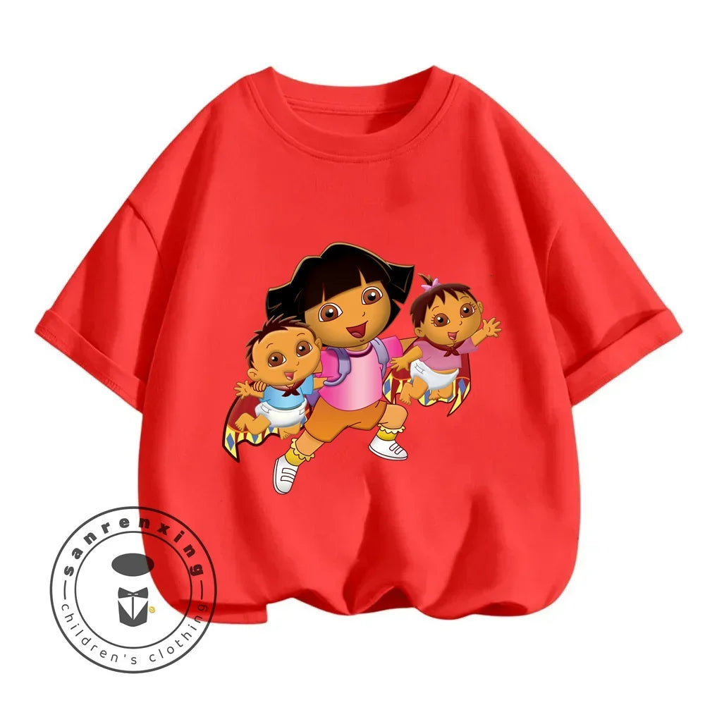 Fun Boys Girls Fashion T-shirt Dora Animated Cartoon Printed Kids T-shirt Hip Hop Boys Clothes White Short Sleeve Shirt Top