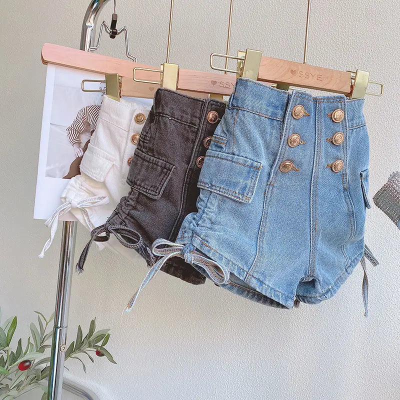 2024 Summer Girls Fashion Jeans Shorts with Buttons Baby Kids Children Casual Denim Hot Shorts