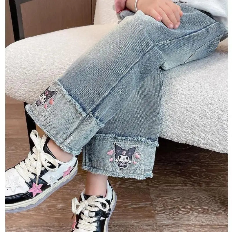 Cartoon Kuromi Girls Wide Leg Jeans Spring  Autumn Cute Elastic waist Versatile Straight Tube kids Childrens Wear Spring Pants